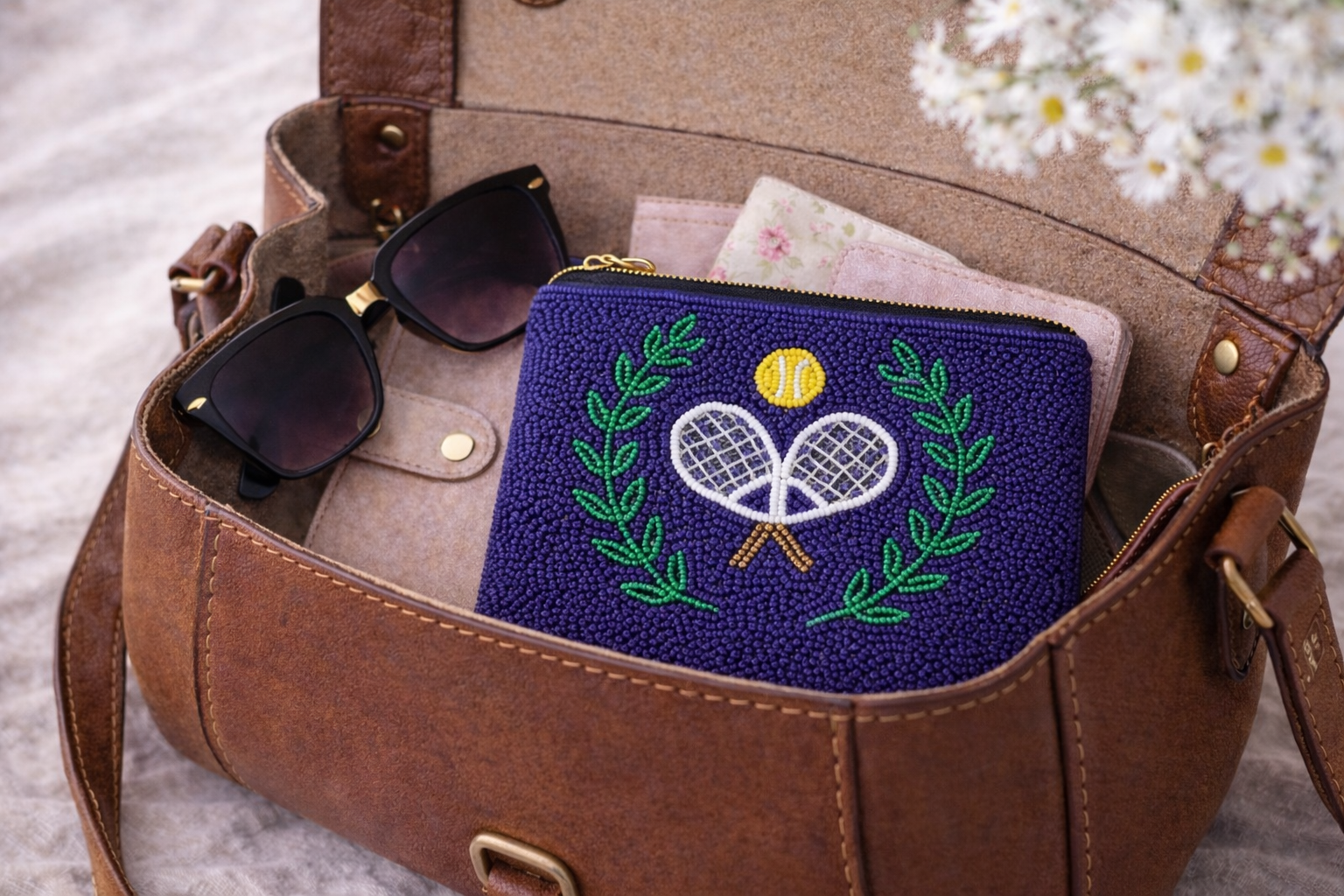 Brown leather bag with sunglasses and a beaded pouch featuring tennis designs.