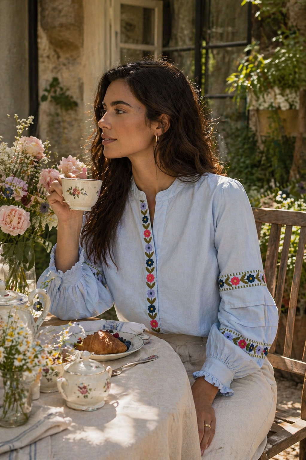 Sky blue cottagecore embroidered blouse styled with linen, farmhouse aesthetic Singapore