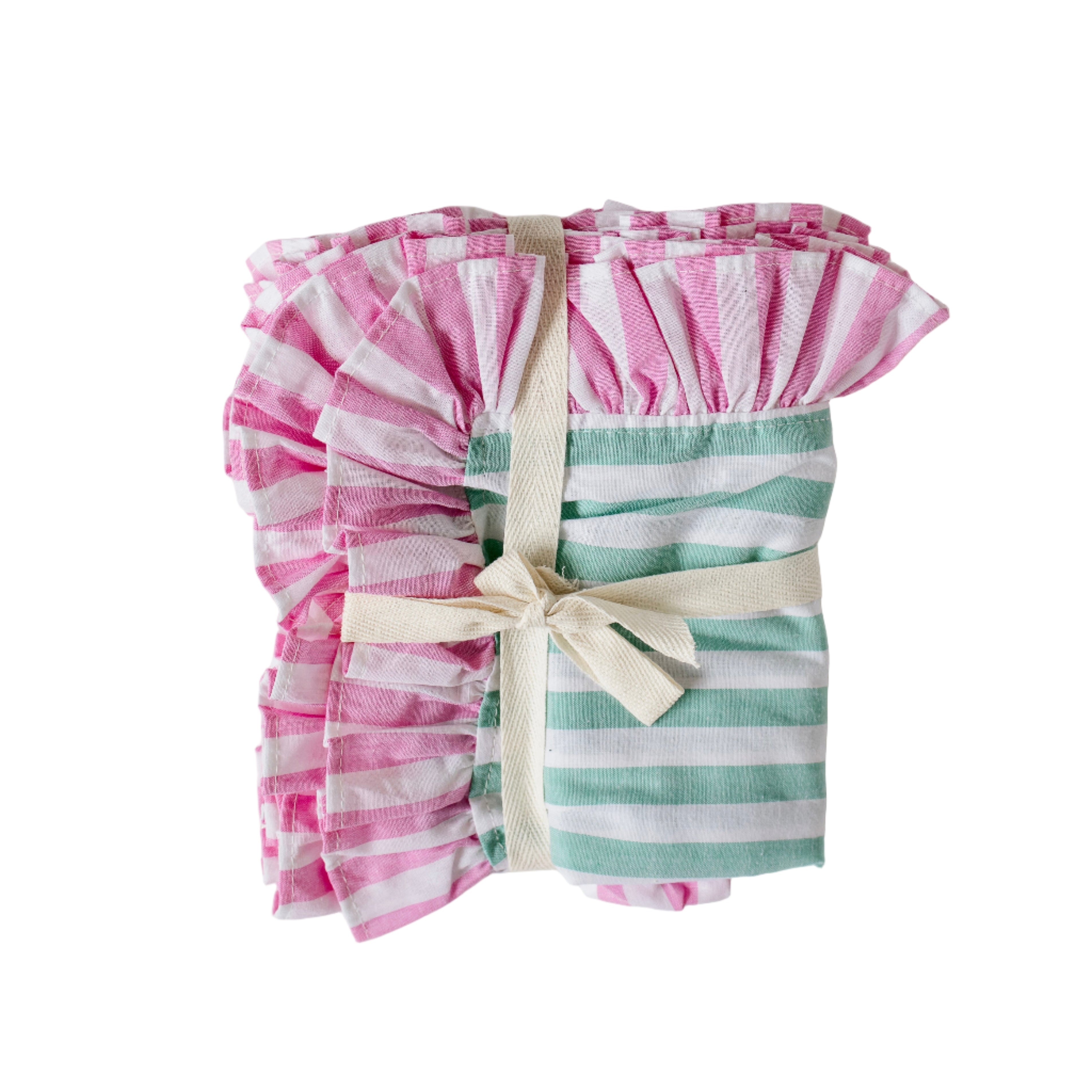Soft pastel striped cotton placemats in green and pink with delicate frilled edges styled for a cottagecore garden brunch
