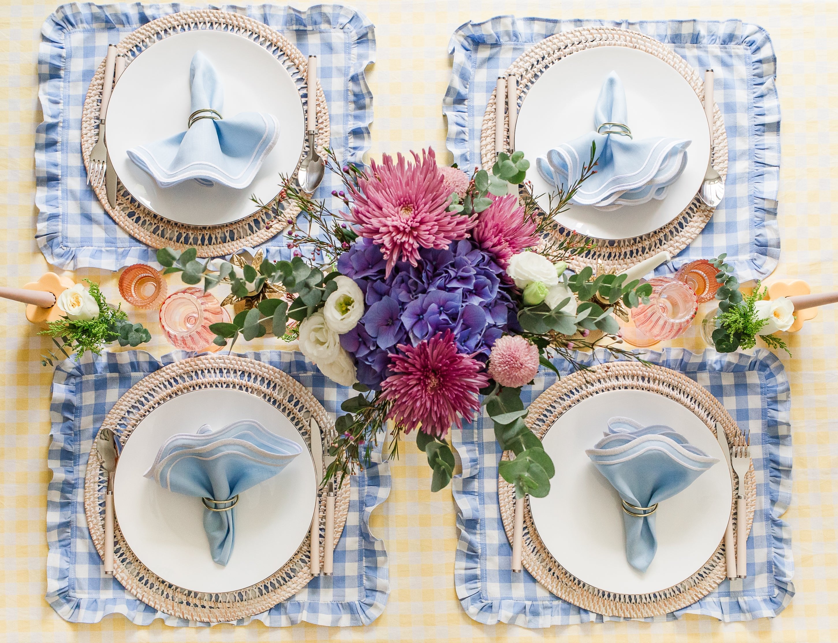 Blue Gingham Ruffle Placemat / Napkin (Set of 4)