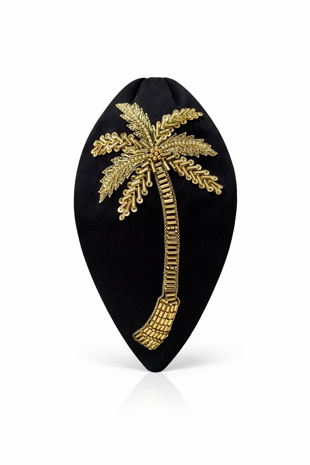 Gold palm tree hand-embroidered padded headband on black fabric with intricate beadwork