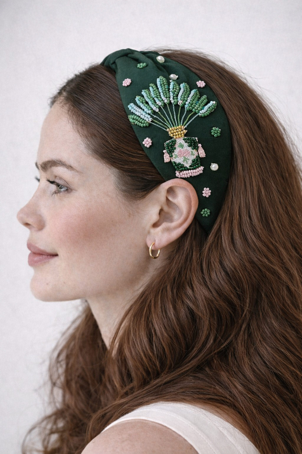 Tropical embroidered headband with traveller palm and peranakan design