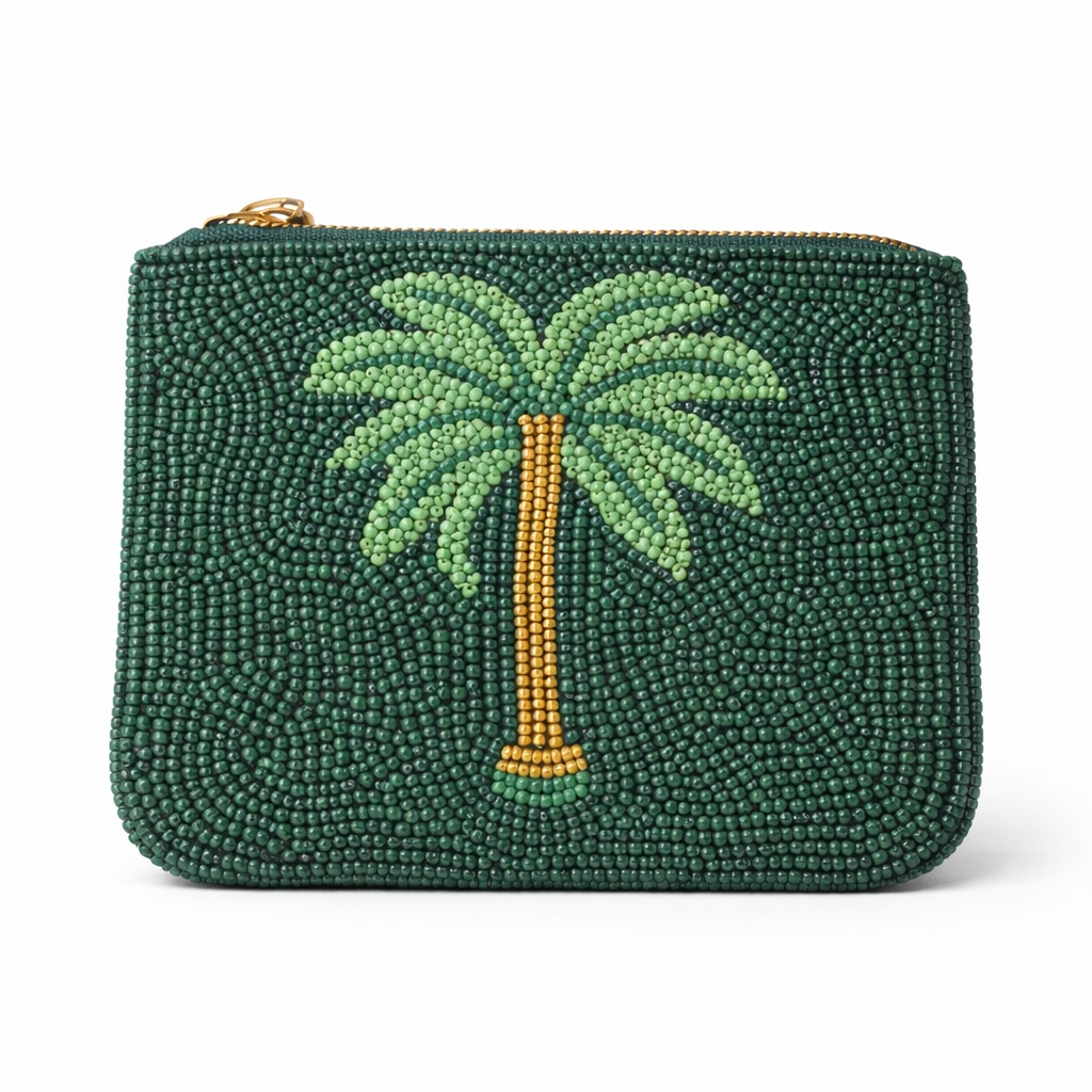 Hand-Embroidered Beaded Coin Pouch – Green Palm Tree