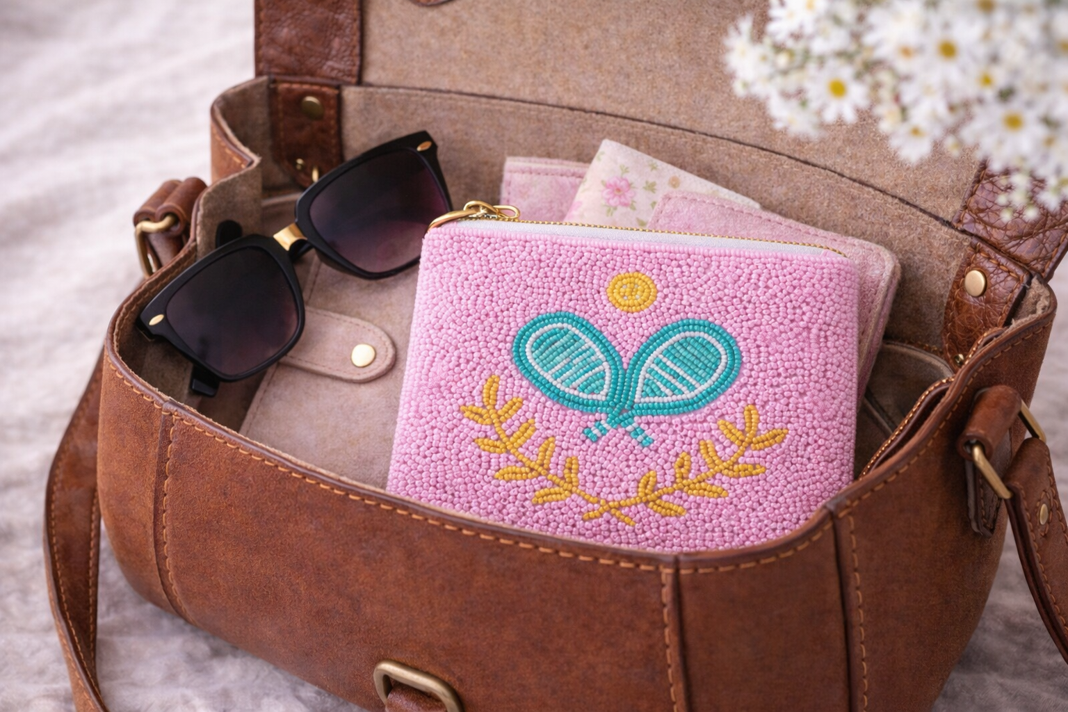 Brown leather bag with a pink embroidered pouch with pickleball design and sunglasses on a light background