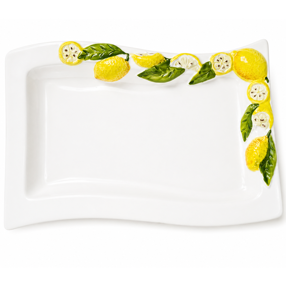Hand-painted Italian ceramic rectangular lemon garden platter with sculpted lemon garland and green leaves – farmhouse serveware Cherry Pie Farmhouse Singapore