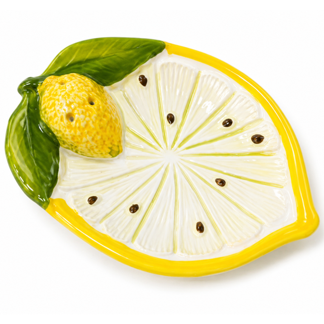 Hand-painted Italian ceramic lemon holder dish shaped as a lemon cross-section with sculpted whole lemon and green leaves – Cherry Pie Farmhouse Singapore
