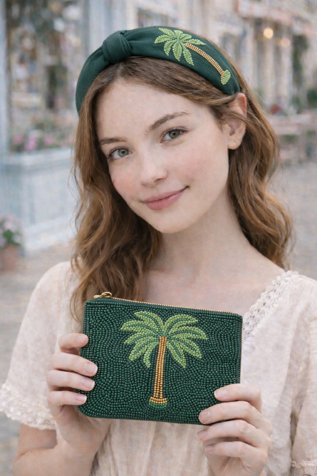 Matching embroidered headband and beaded coin pouch set green palm tree design