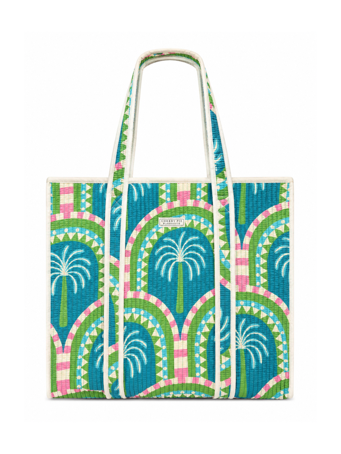 Palm Springs turquoise green palm print quilted cotton tote bag