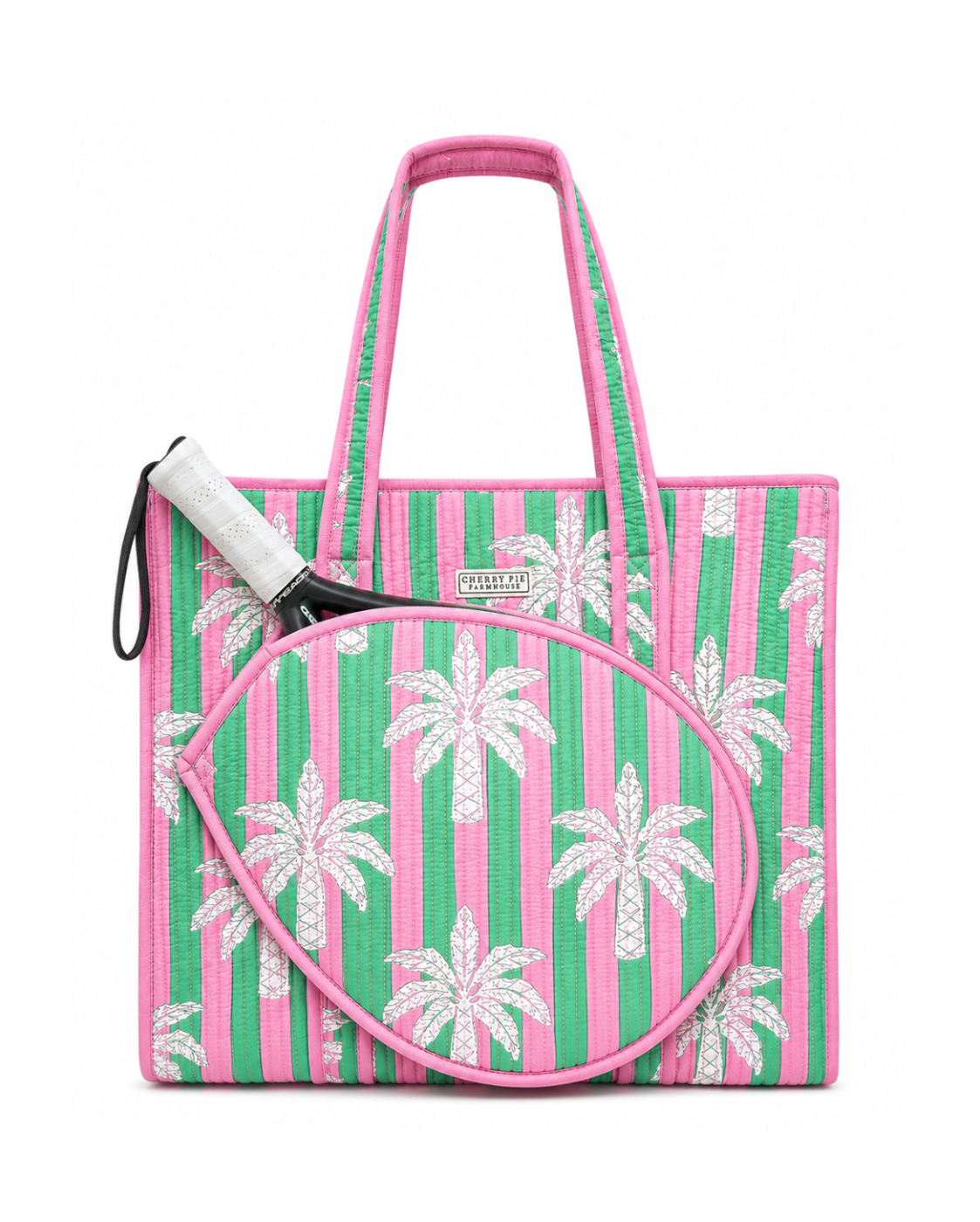 Pink Green Stripes Quilted Cotton Racket Tote Bag with Palm Pattern