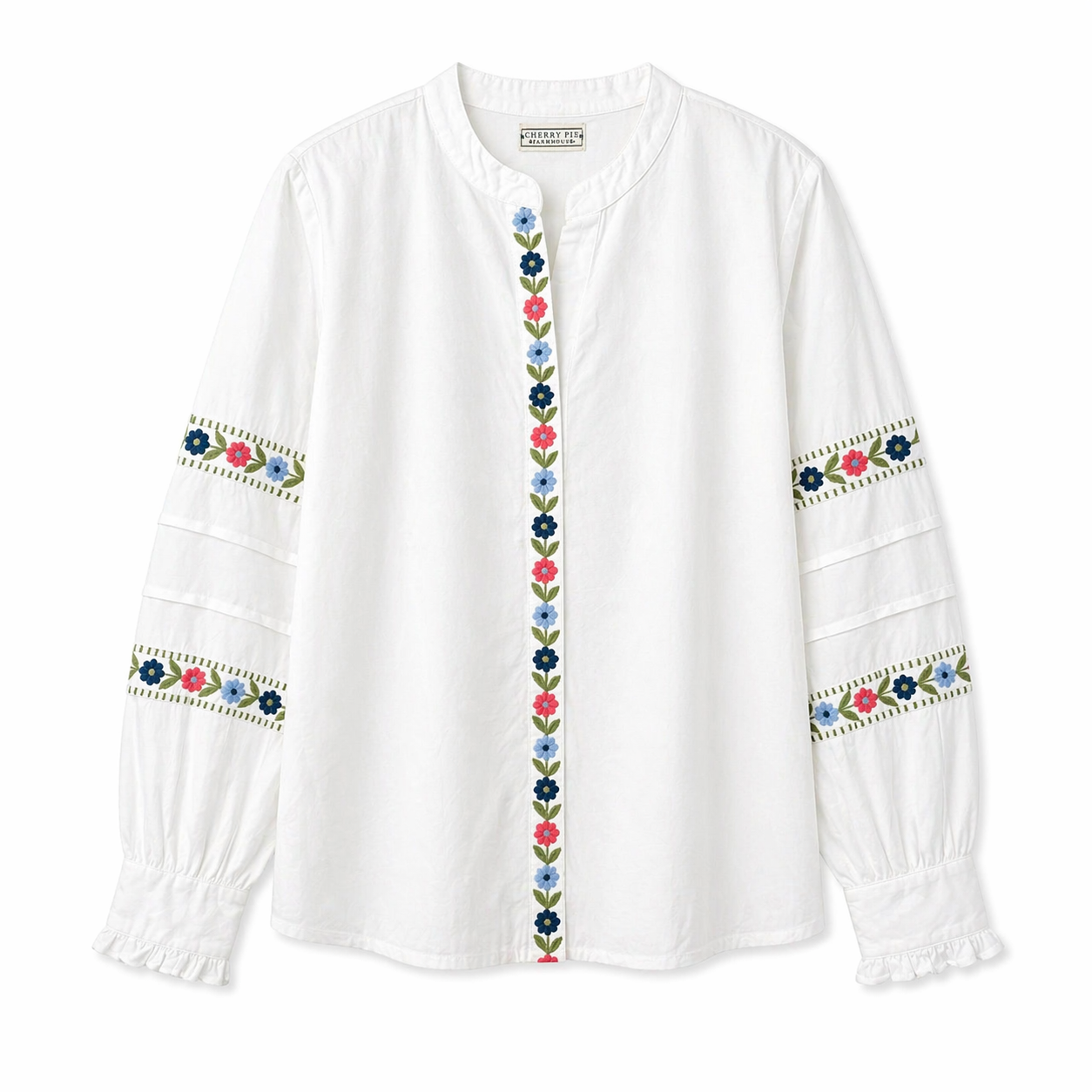 Primrose embroidery blouse in white cotton with rose floral detail, Cherry Pie Farmhouse Singapore