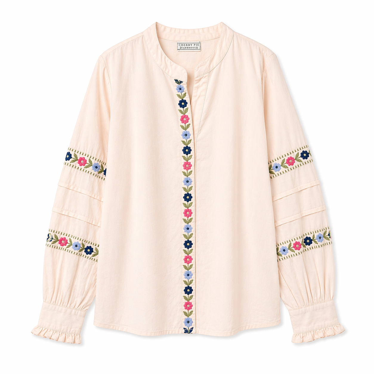 Rose embroidery blouse in cream cotton with floral detail, Cherry Pie Farmhouse Singapore
