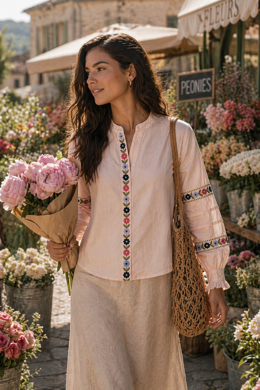 Cottagecore floral embroidered blouse styled with linen skirt, farmhouse aesthetic Singapore