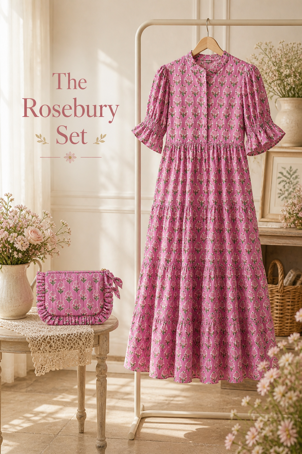 Rosebury Frill Pouch styled as a matching set with the Rosebury Garden Dress – hand block print cottagecore accessories Cherry Pie Farmhouse Singapore