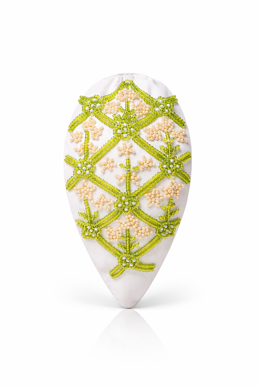 Ivory padded headband with yellow and green hand-embroidered block print floral motif beadwork