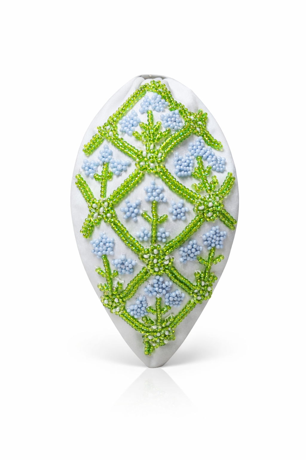 Ivory padded headband with blue and green hand-embroidered block print floral motif beadwork