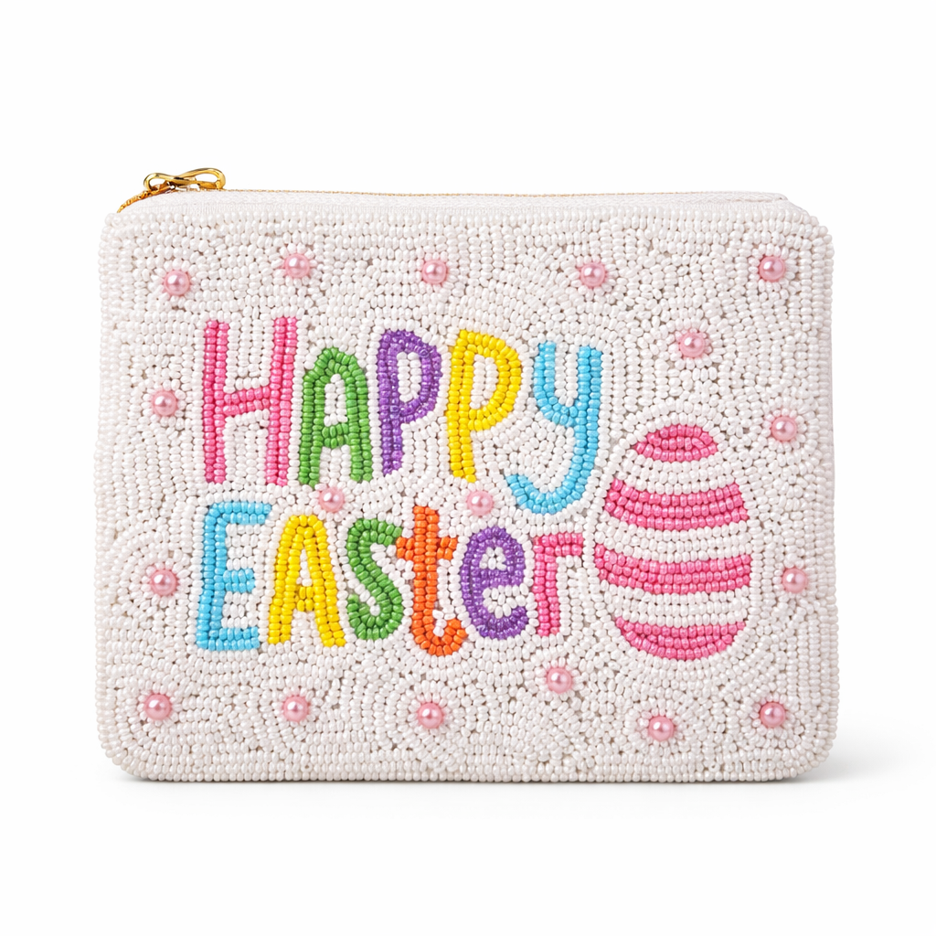 Hand embroidered beaded coin pouch happy easter Cherry Pie Farmhouse