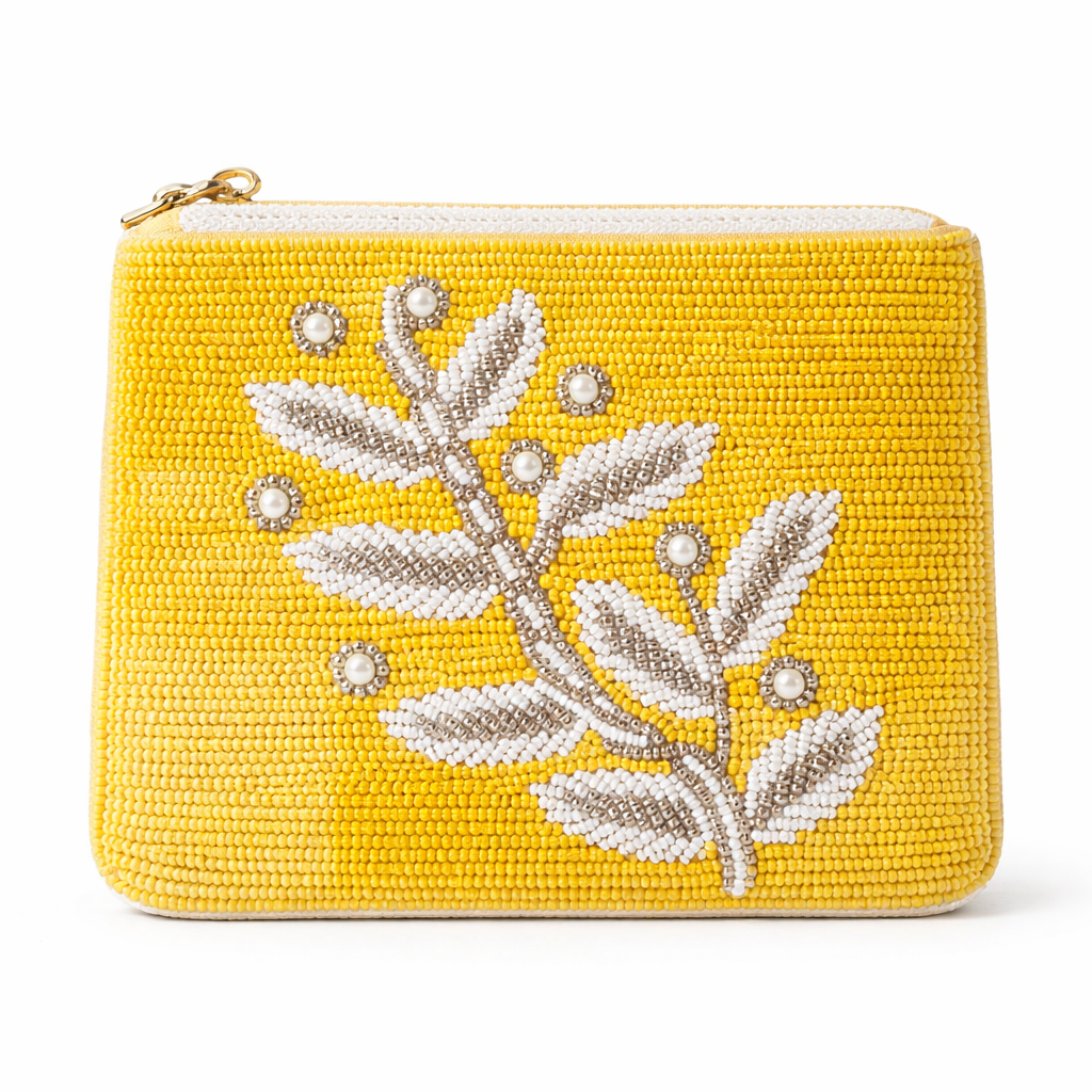 Hand embroidered beaded coin pouch mustard yellow leaf Cherry Pie Farmhouse