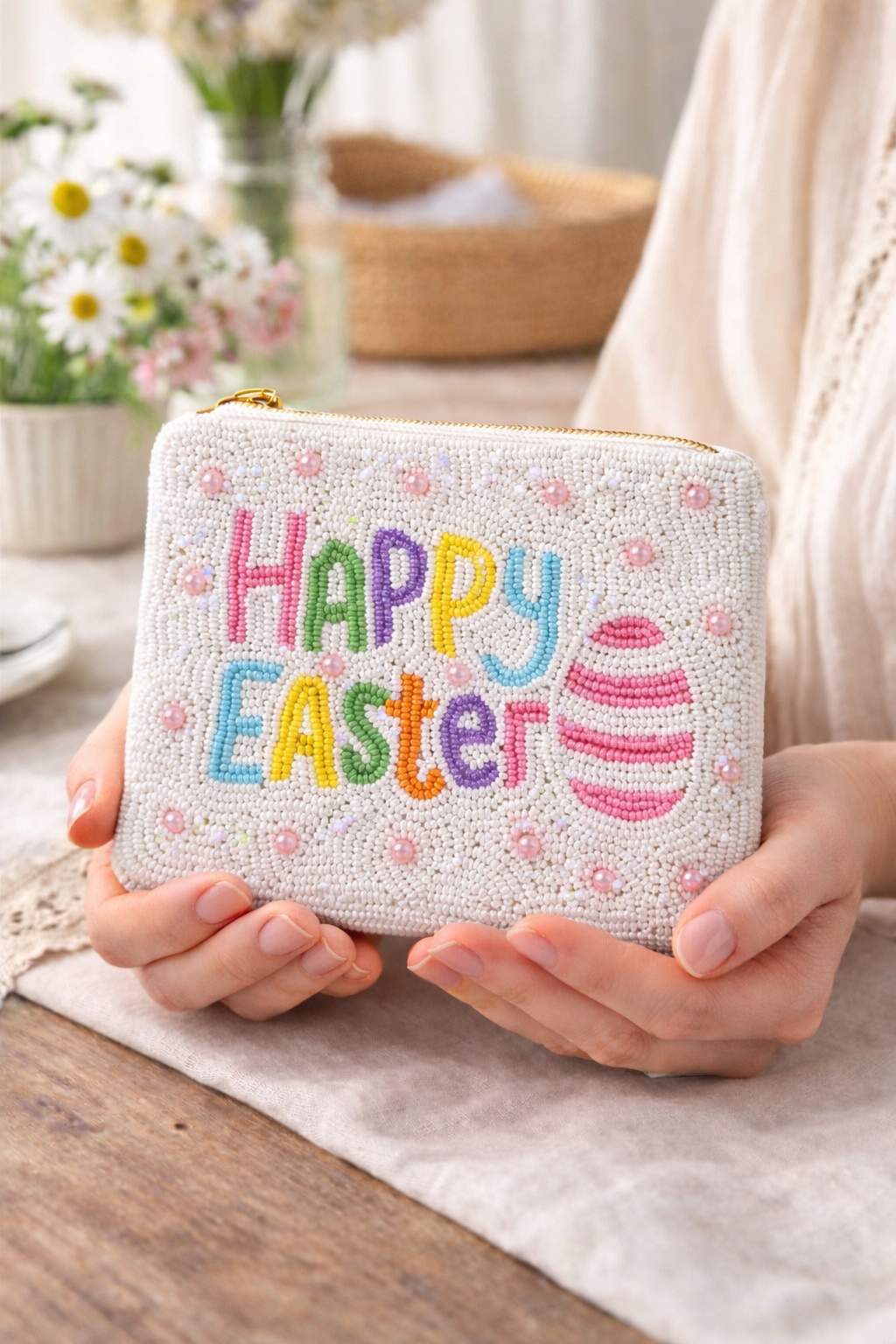 Close up detail of hand embroidered beaded happy easter coin pouch