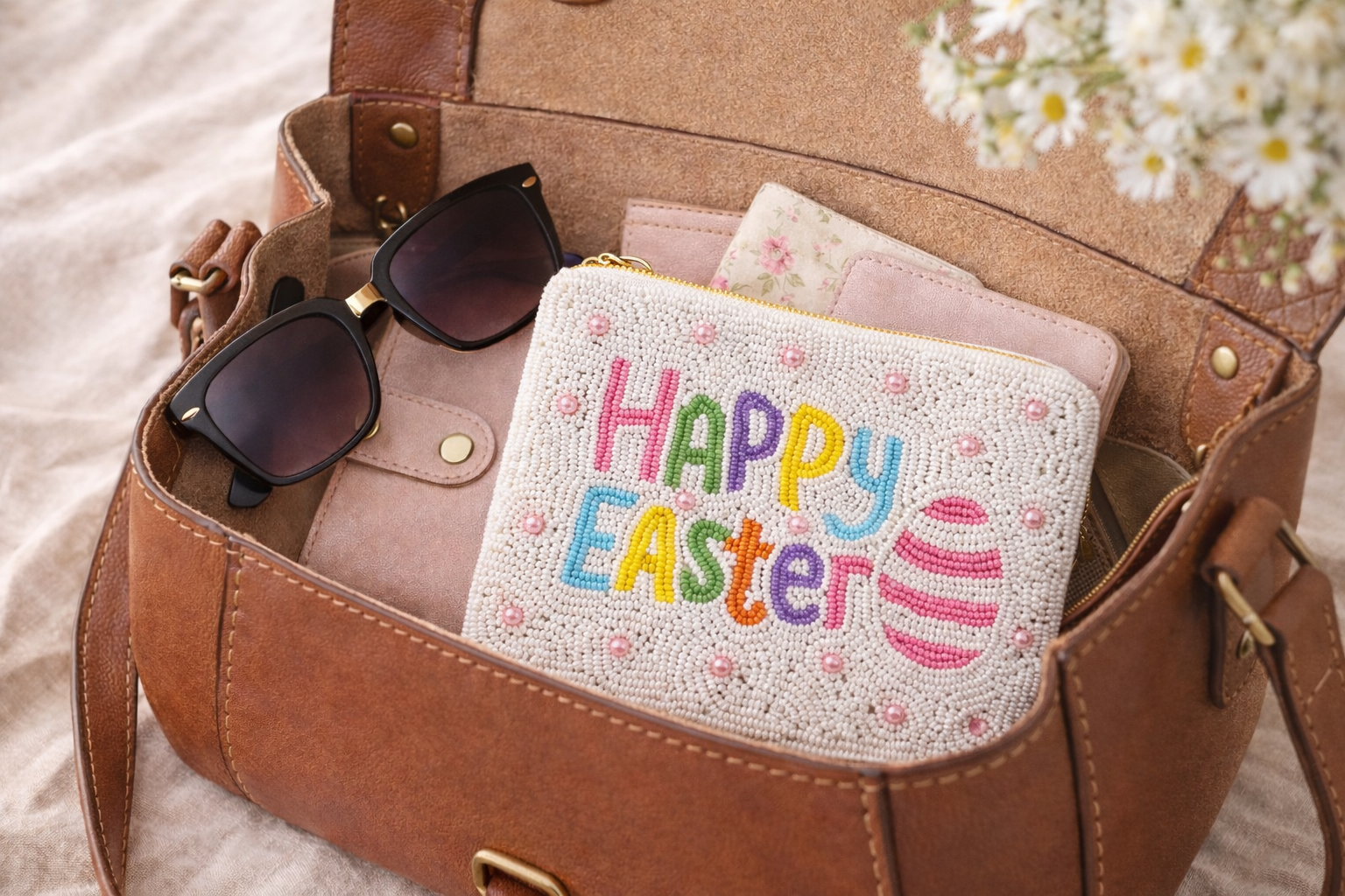 Hand embroidered coin pouch inside handbag