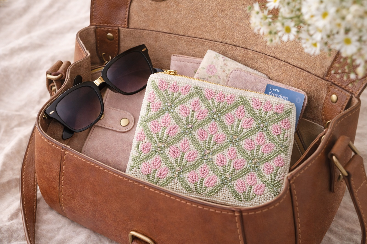 Hand embroidered coin pouch inside handbag