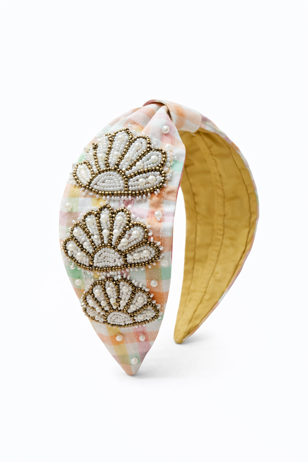 Side view of multi-colour seashell beaded headband showing inner fabric