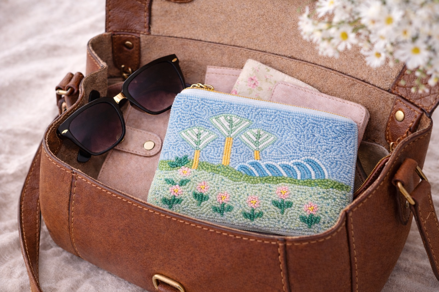 Brown leather bag with sunglasses and a beaded pouch with a scenic design Singapore's famous Gardens by the Bay at Marina Bay