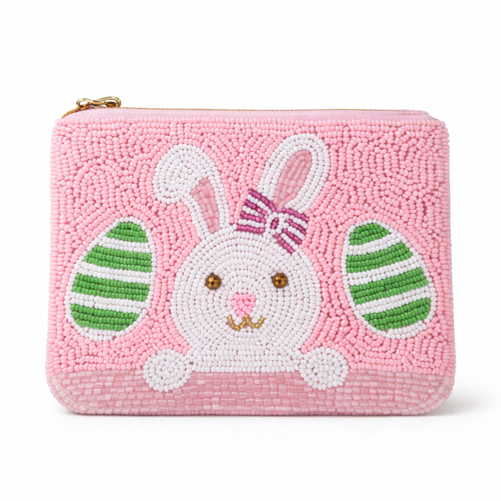 Pink beaded pouch with an Easter bunny design on a white background