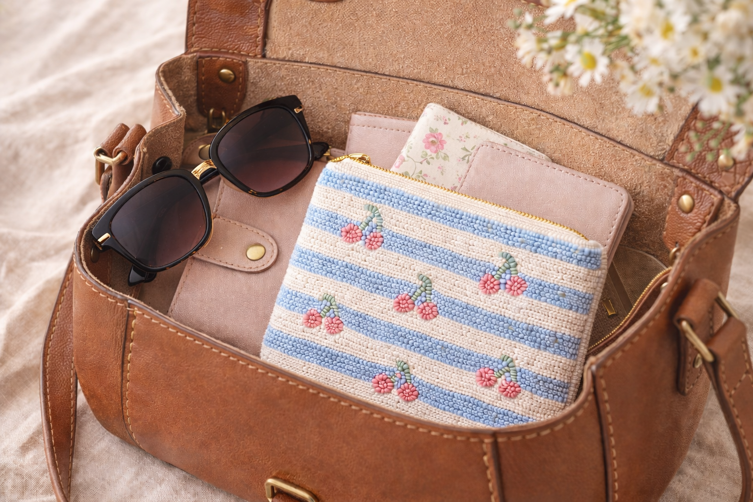 Hand embroidered coin pouch cherry on blue stripe inside ladies handbag