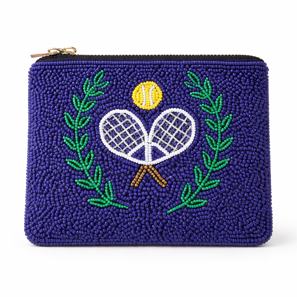 Beaded pouch with tennis racket and ball design on a white background