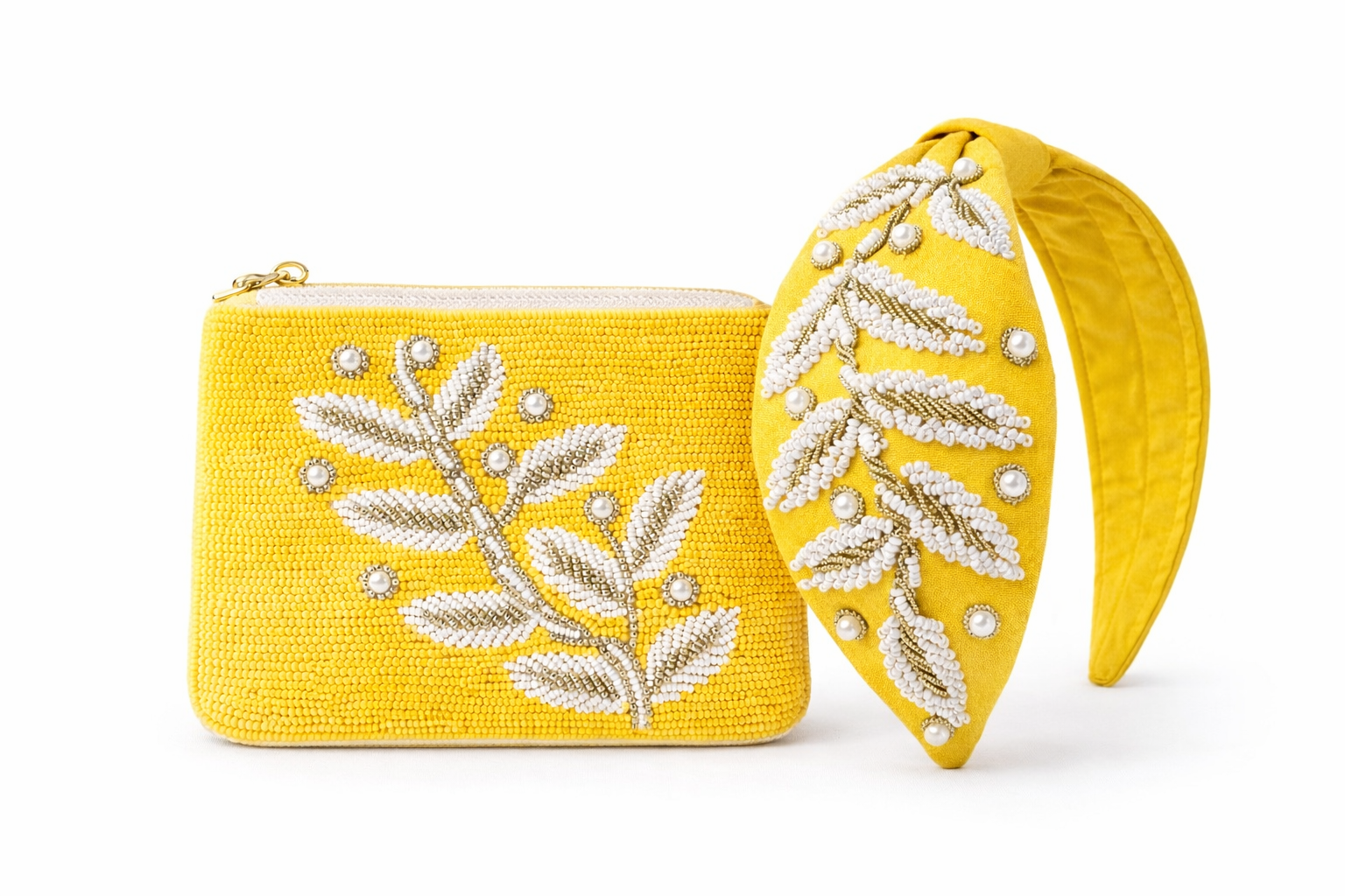 Matching set hand-emboridered coin pouch and headband in yellow leaf design