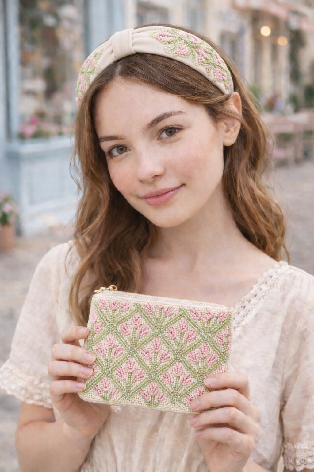 Matching embroidered headband and beaded coin pouch set pink block print motif design