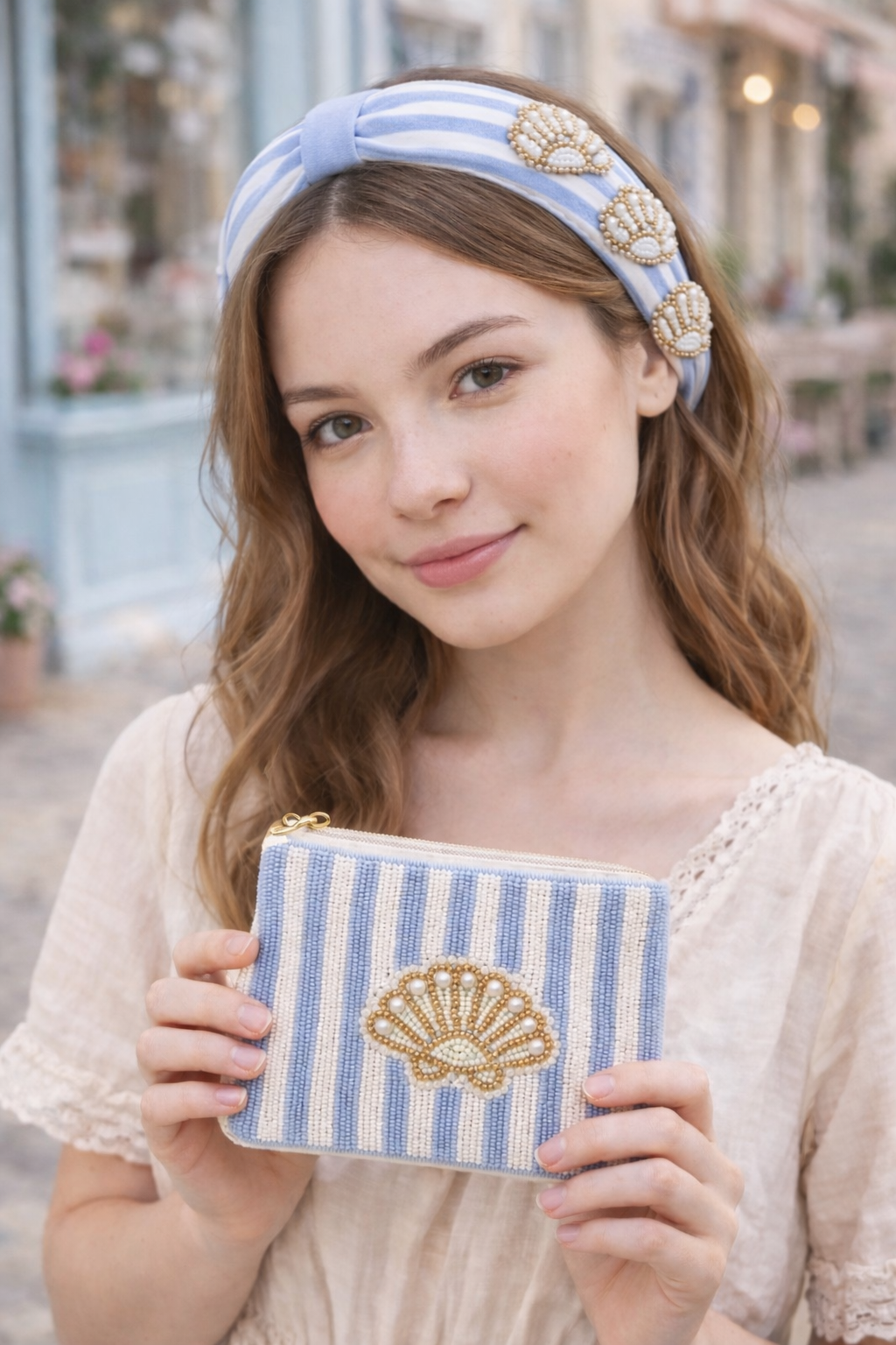 Matching embroidered headband and beaded coin pouch set striped blue white seashell design