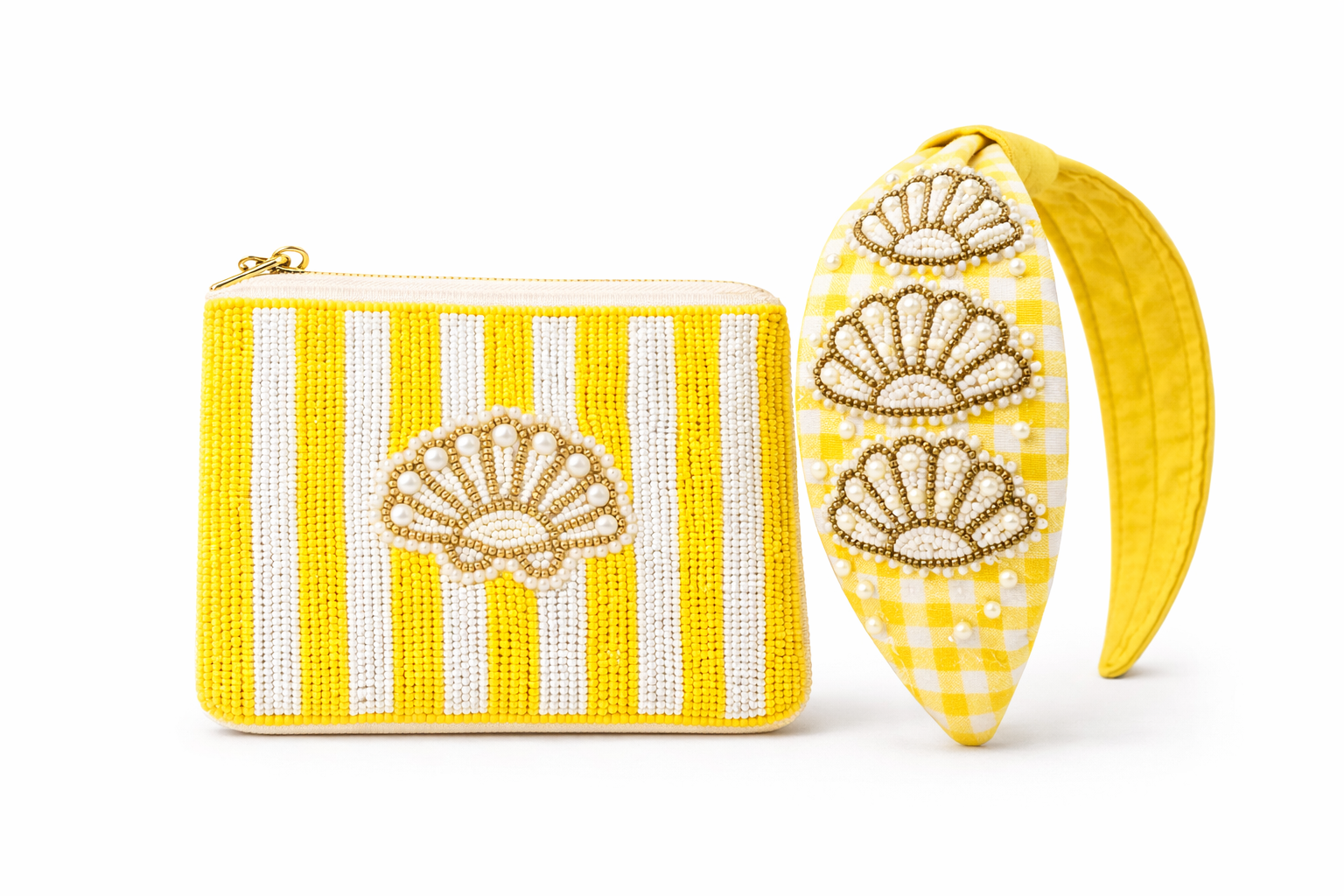 Yellow and white striped pouch with shell design and matching yellow headband on a white background
