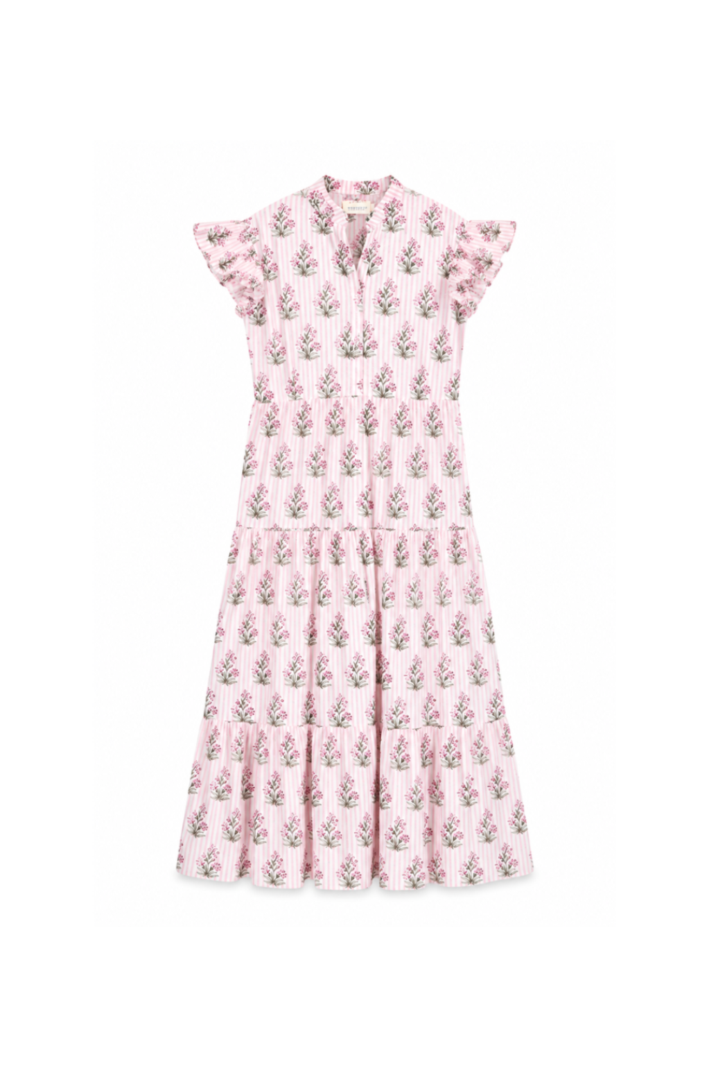 Peony Meadow dress with pink stripes, floral sprigs, ruffle sleeves and tiered skirt on white