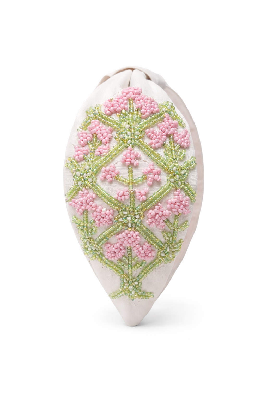 Block print motif hand-embroidered headband with artisan beadwork on structured fabric