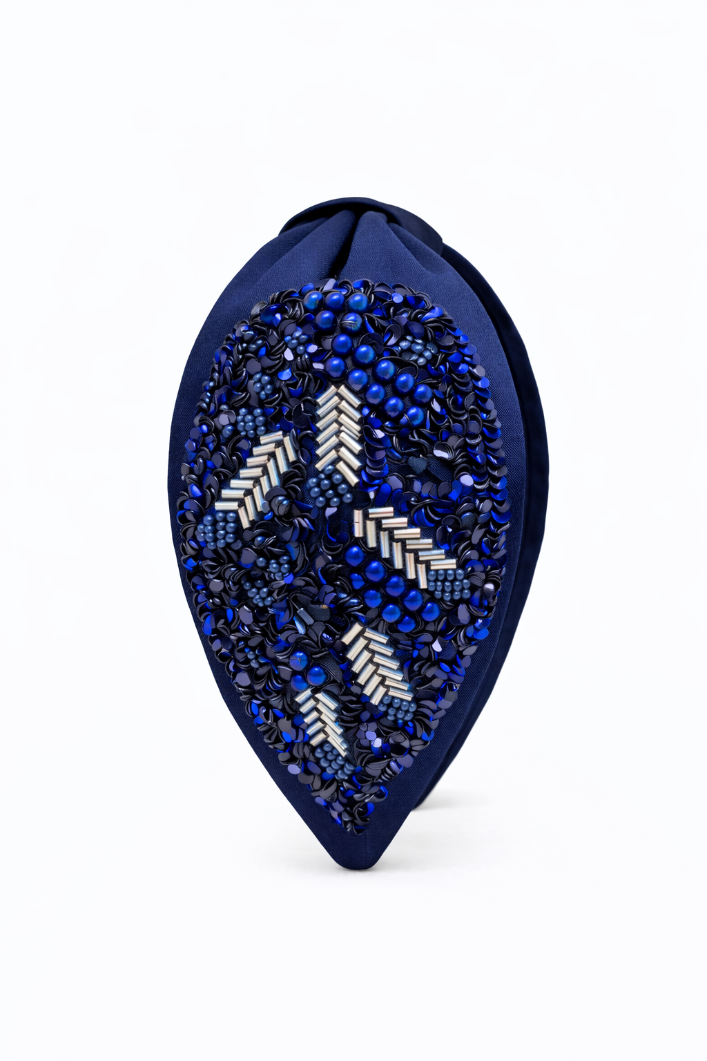 Navy bejewelled hand-embroidered headband with intricate beadwork