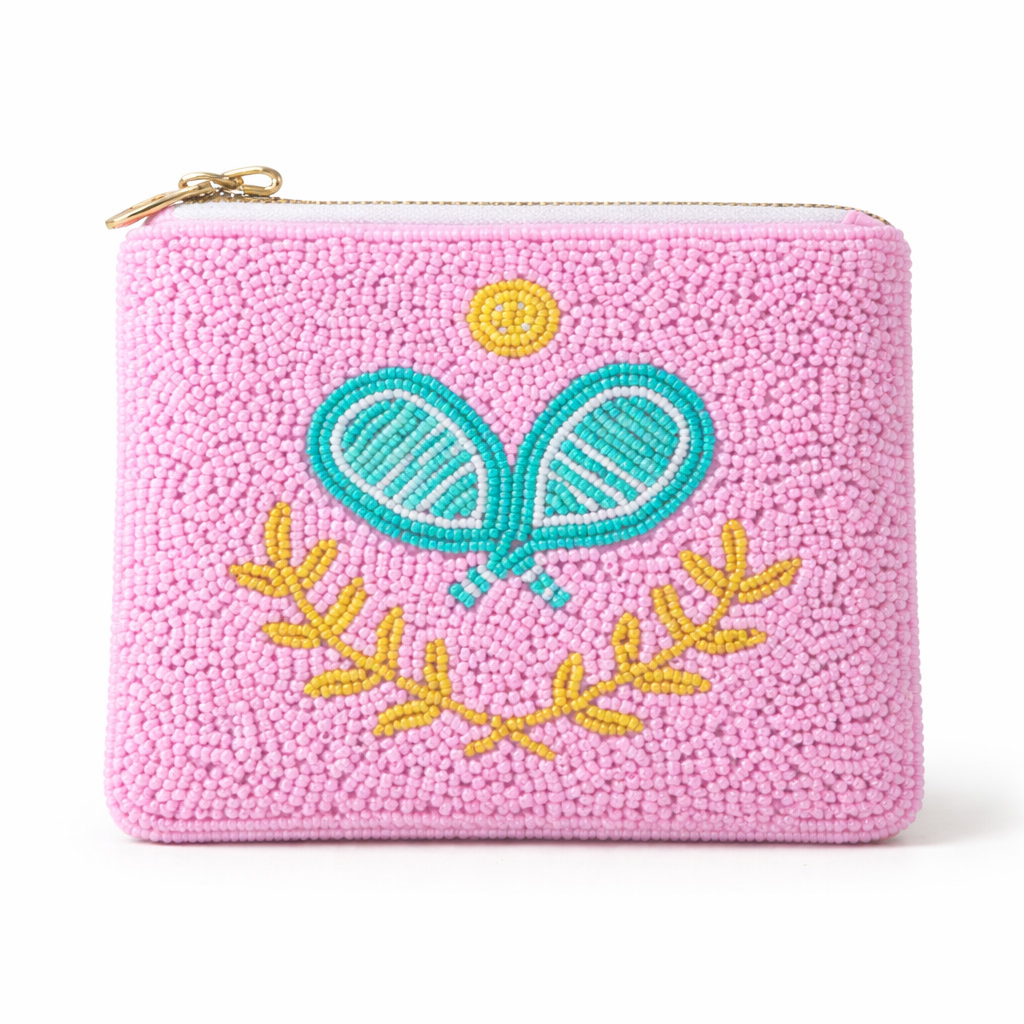 Pink beaded pouch with pickleball padels design on a white background