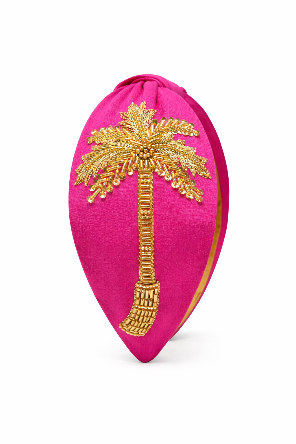 Pink palm hand embroidered headband with gold beading