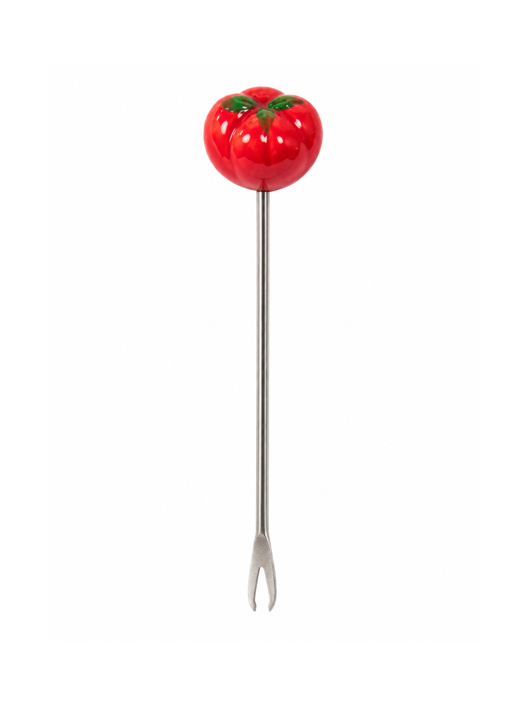 Stainless-steel cocktail picker topped with a glossy red hand-painted ceramic tomato