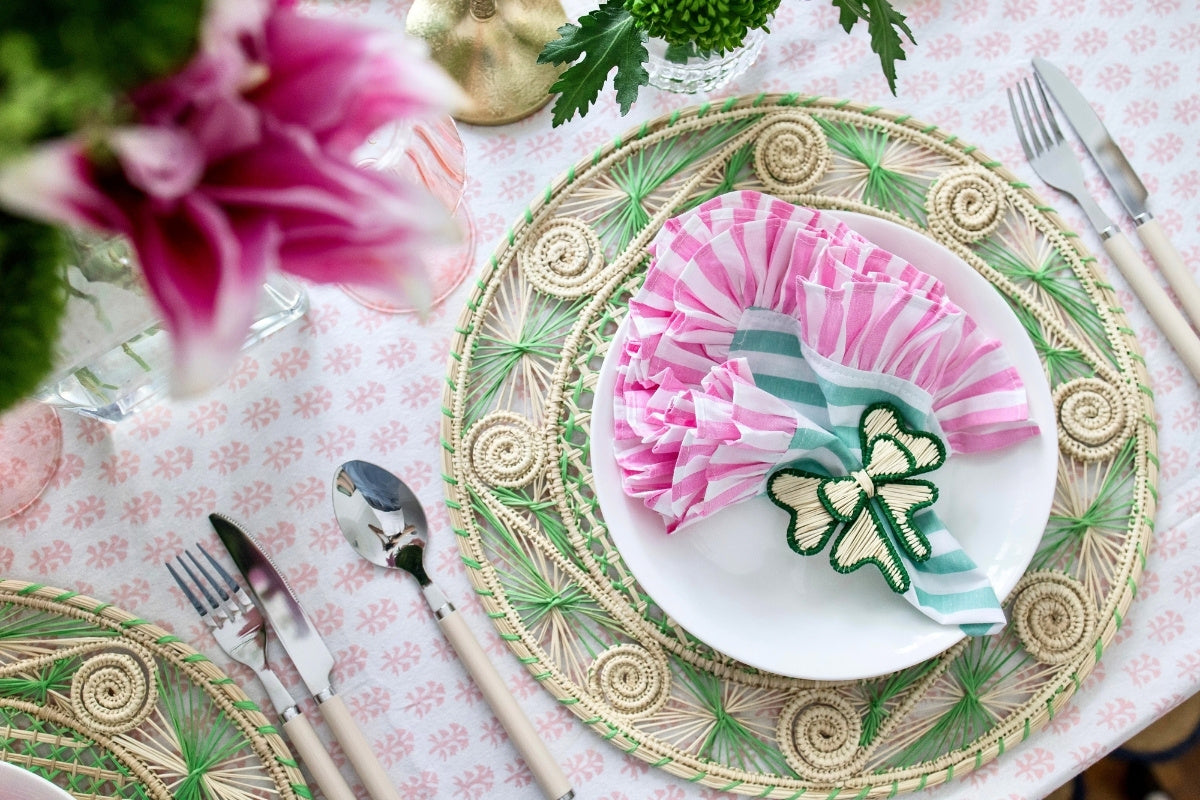 farmhouse garden tablecape block print tablecloth iraca palm placemats Singapore Cherry Pie Farmhouse