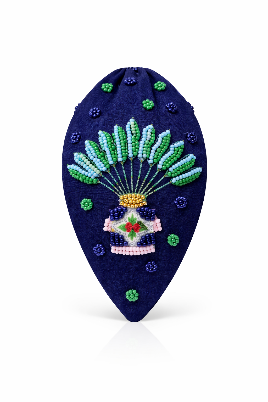 Navy blue headband with hand-embroidered traveller palm and Peranakan-inspired motif beadwork