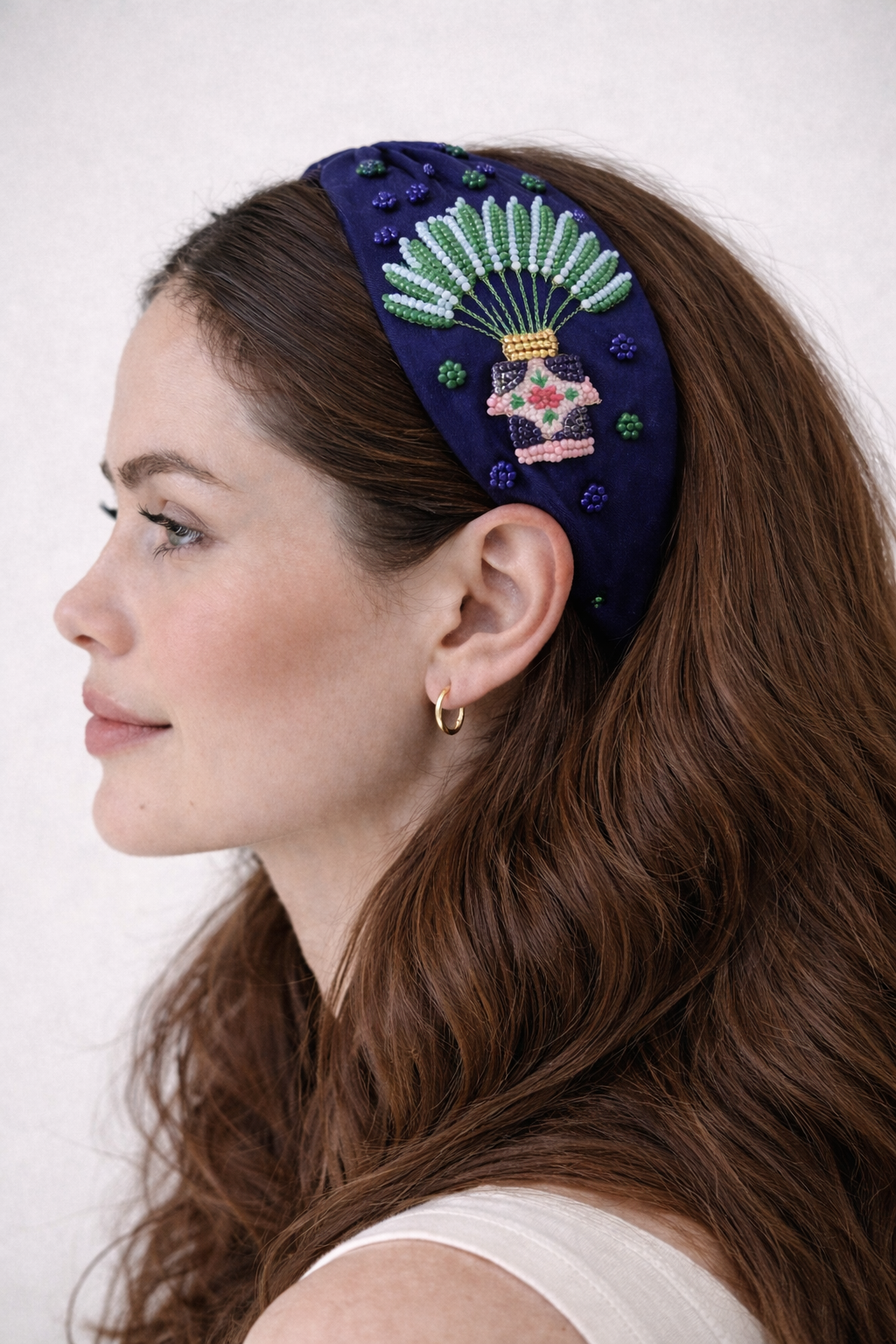 Tropical embroidered headband with traveller palm design