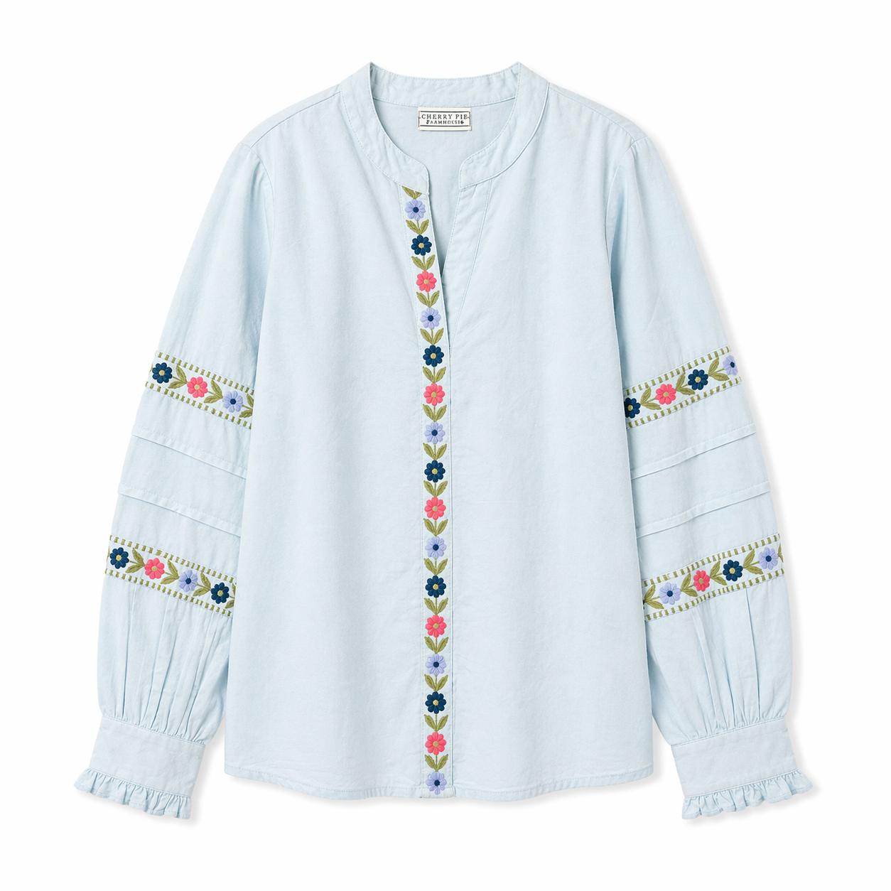 Bluebell embroidery blouse in sky blue cotton with rose floral detail, Cherry Pie Farmhouse Singapore