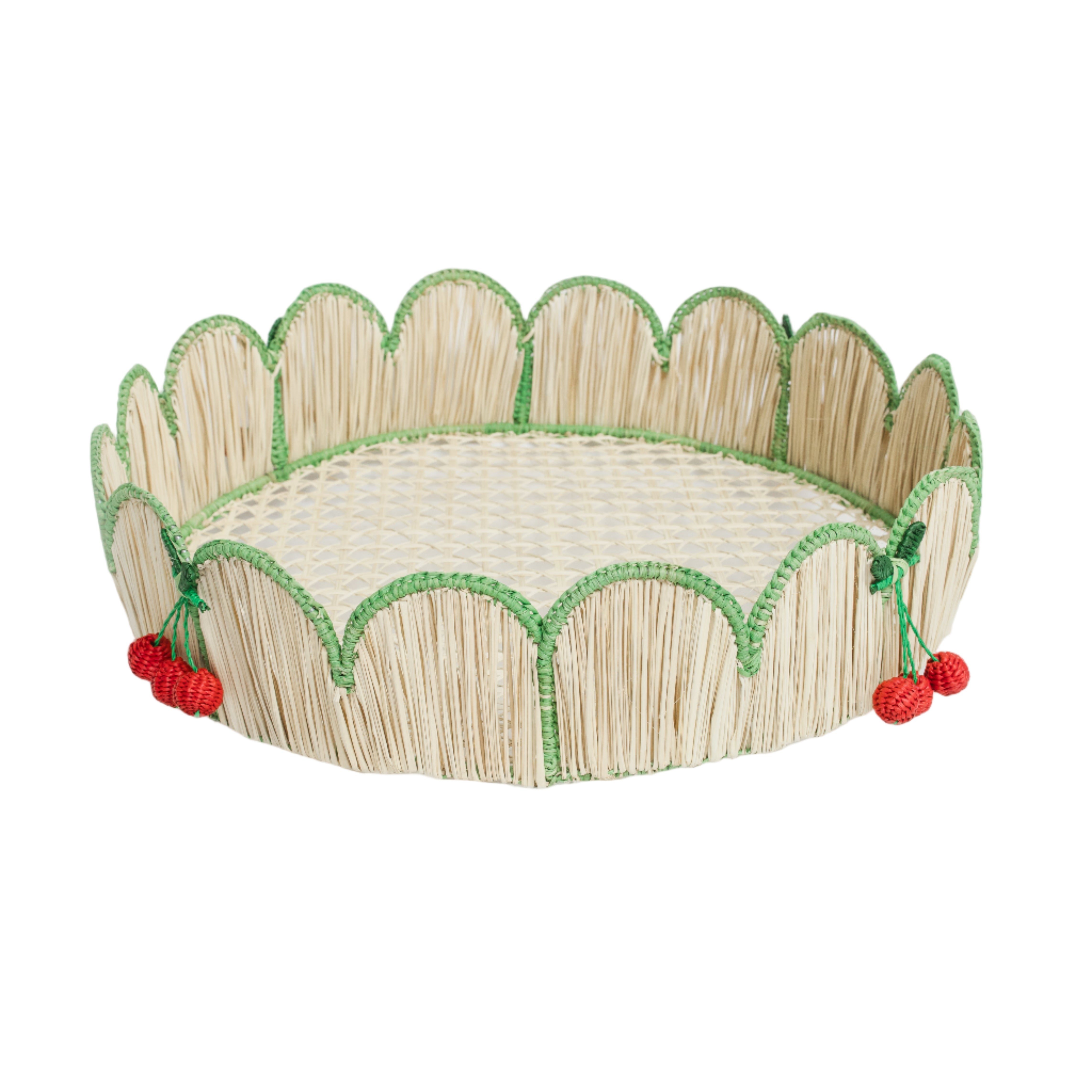 Woven iraca palm round scallop tray with cherries