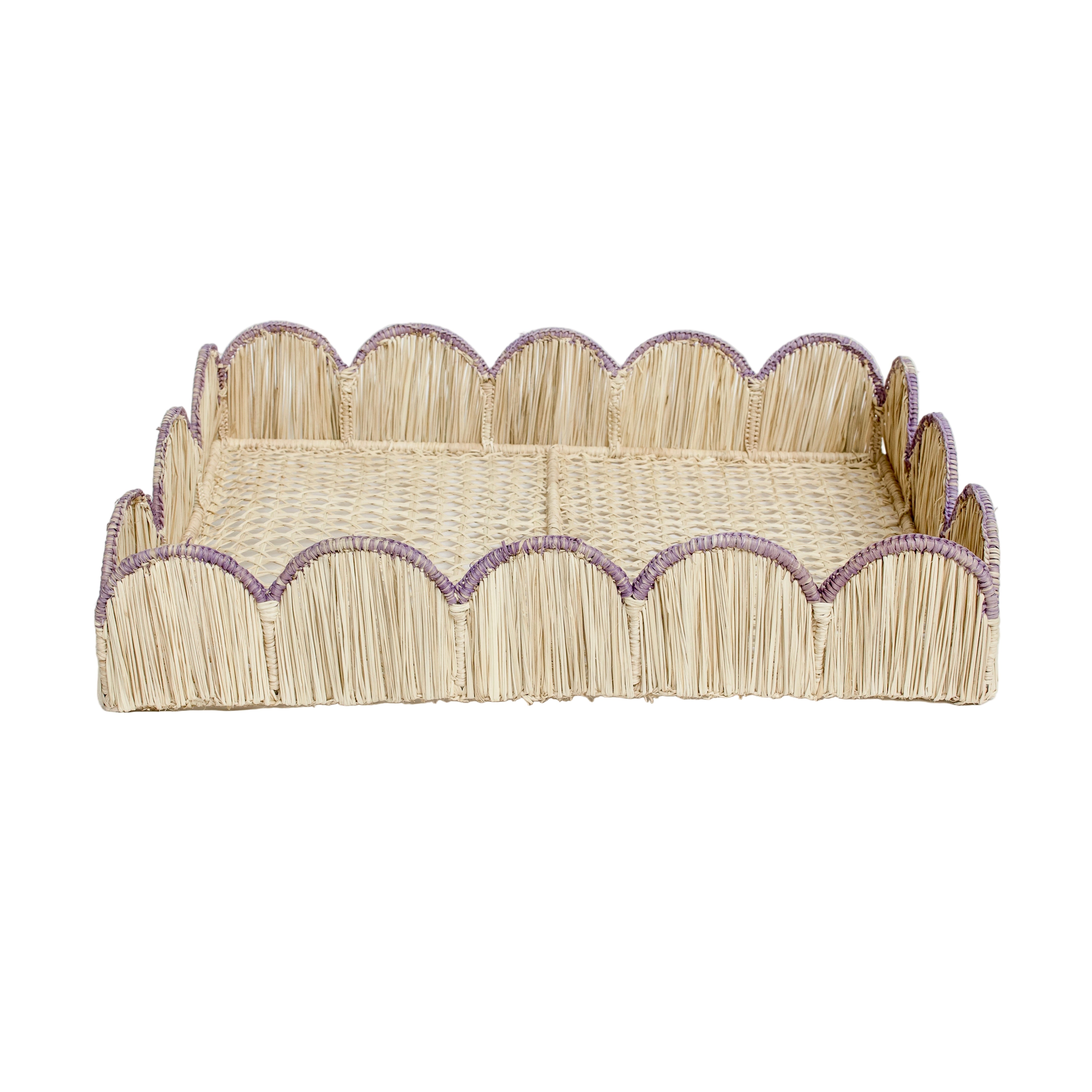 Woven iraca palm serving tray in purple lavender