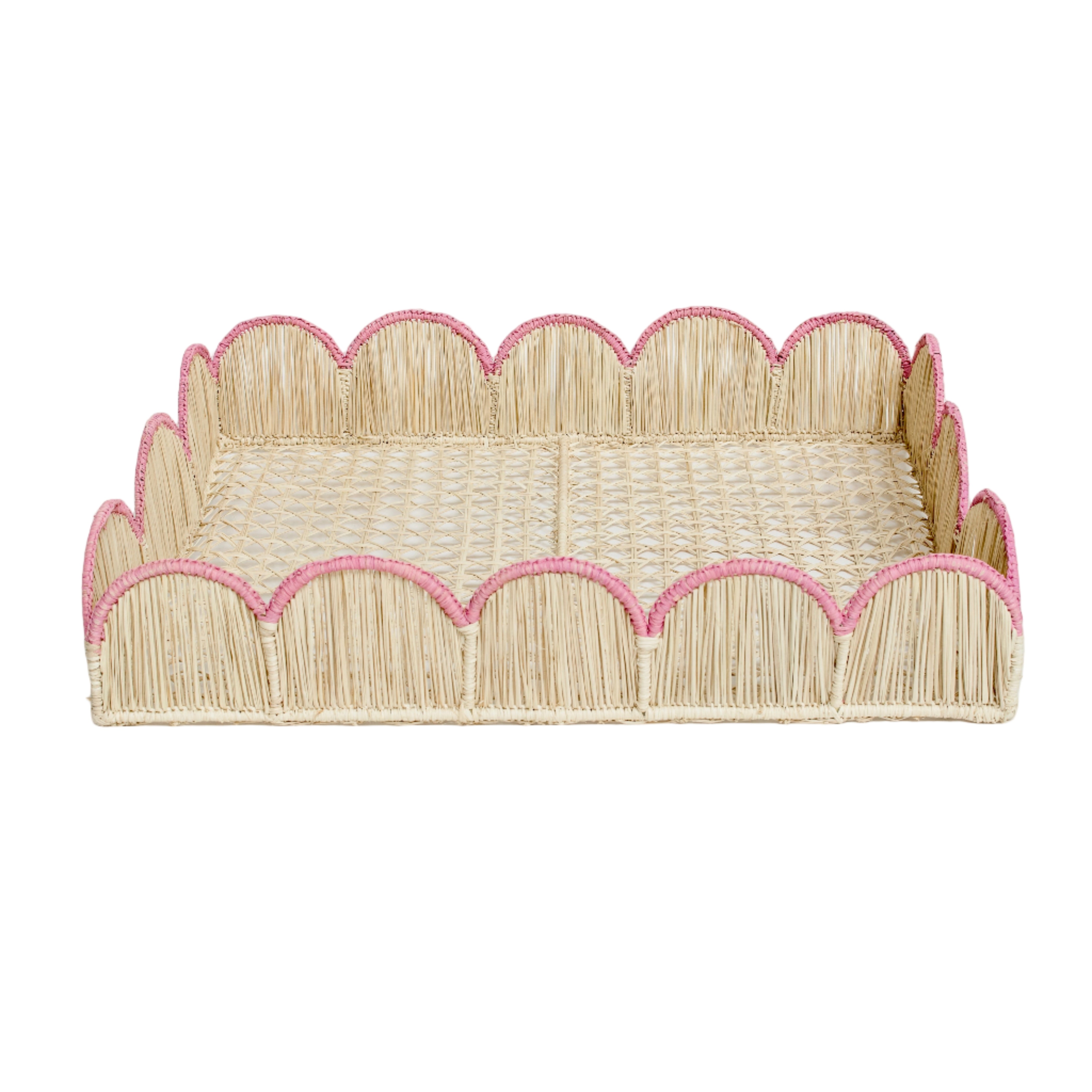 Woven iraca palm serving tray in pink
