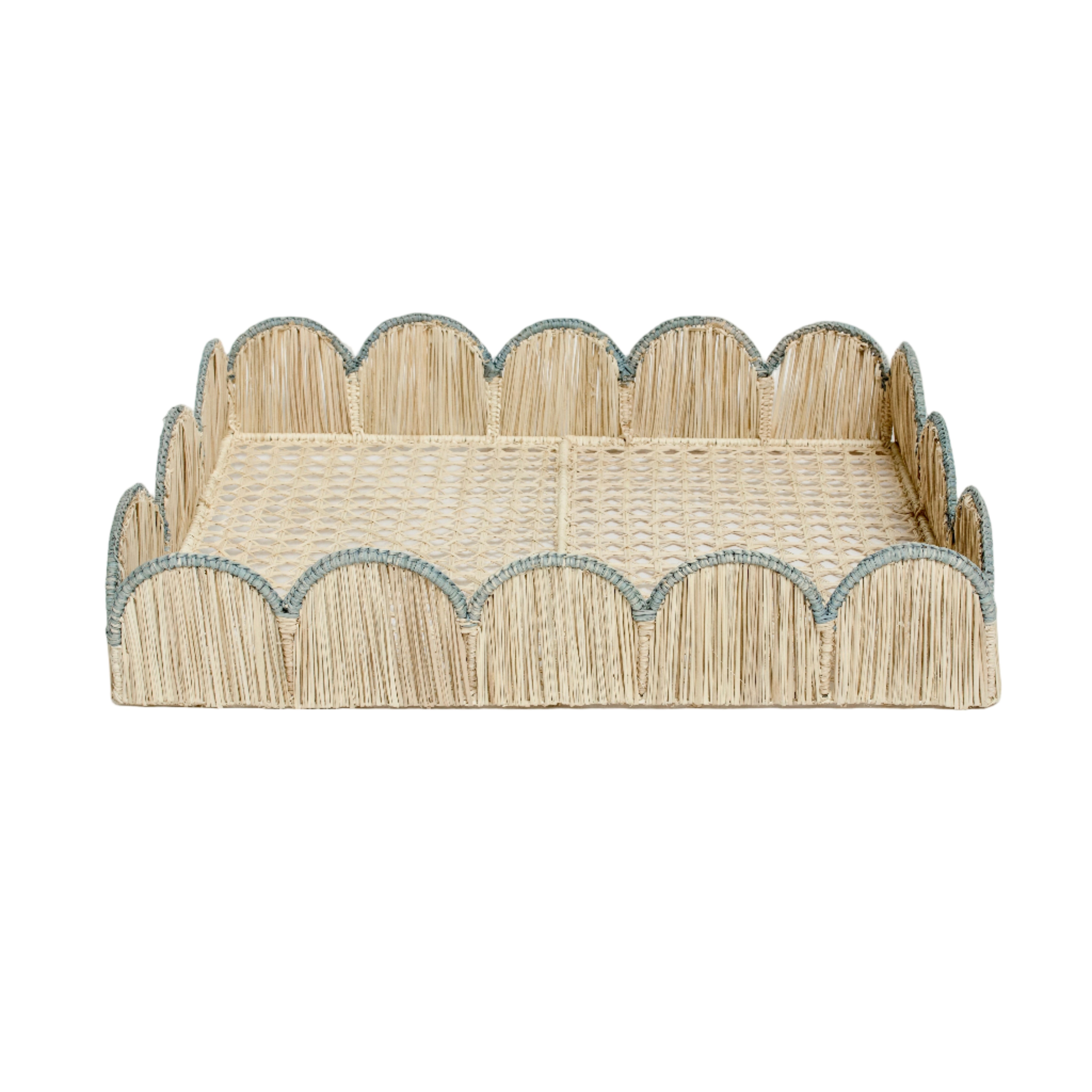 Woven iraca palm serving tray in blue