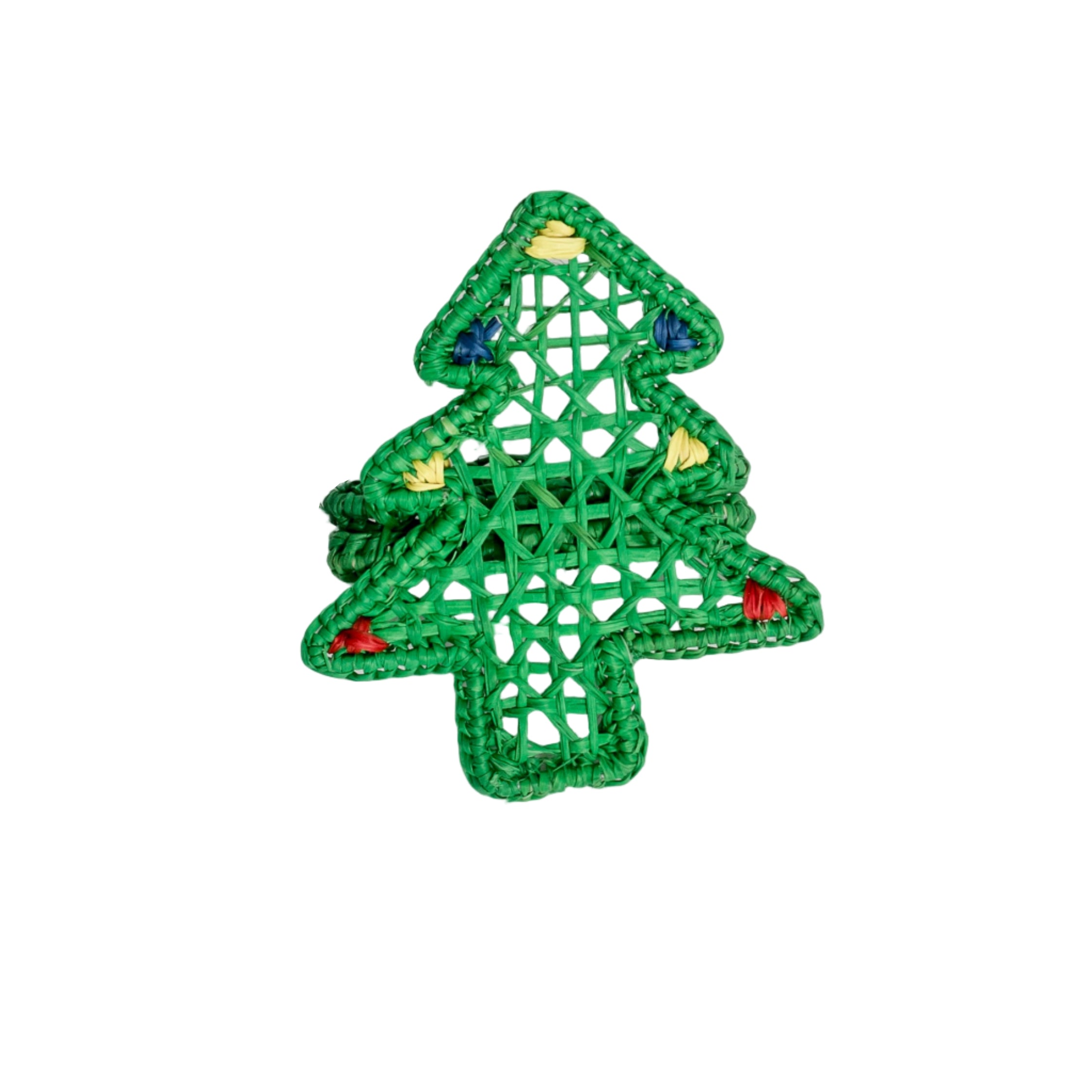 Handcrafted iraca palm christmas napkin rings wrapped around linen napkins on table