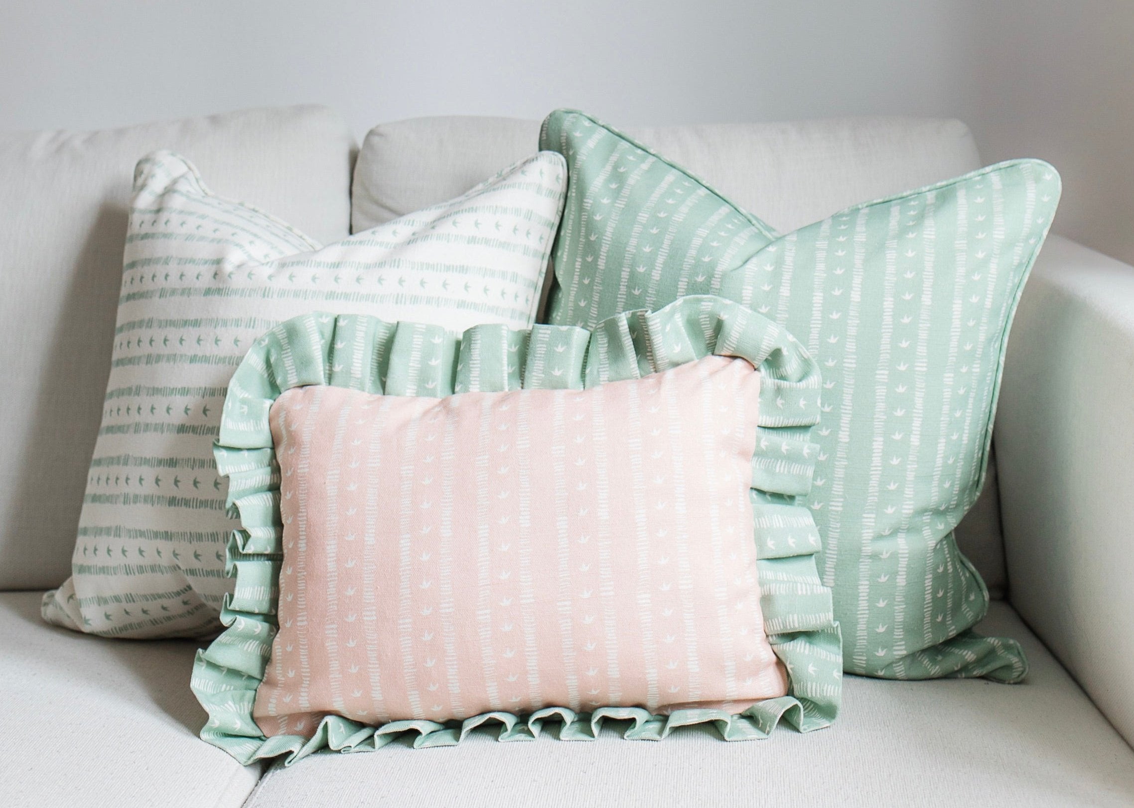 Frill Meuse Cushion in Rose & Duck Egg by Kate Medlicott