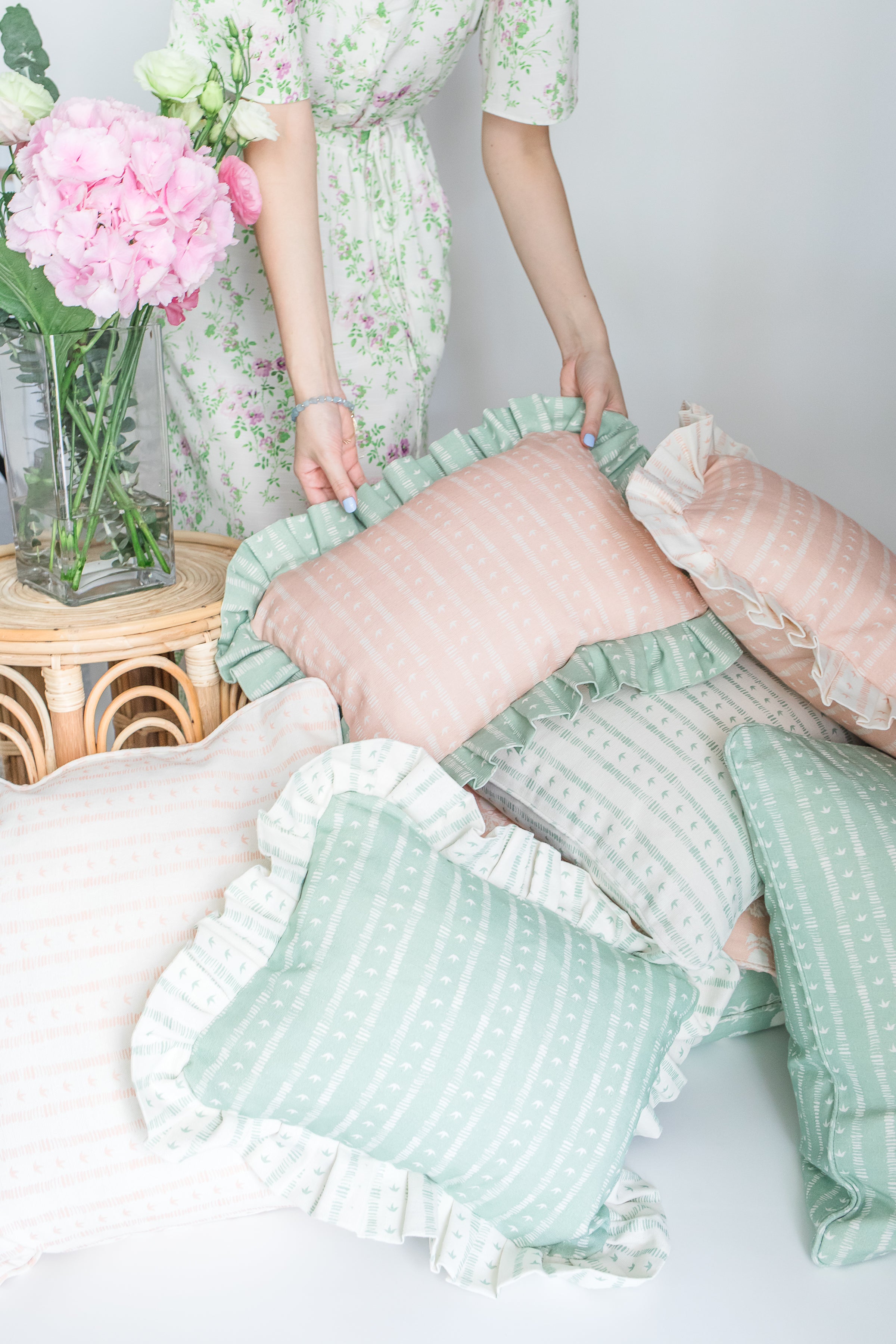 Frill Meuse Cushion in Rose & Duck Egg by Kate Medlicott